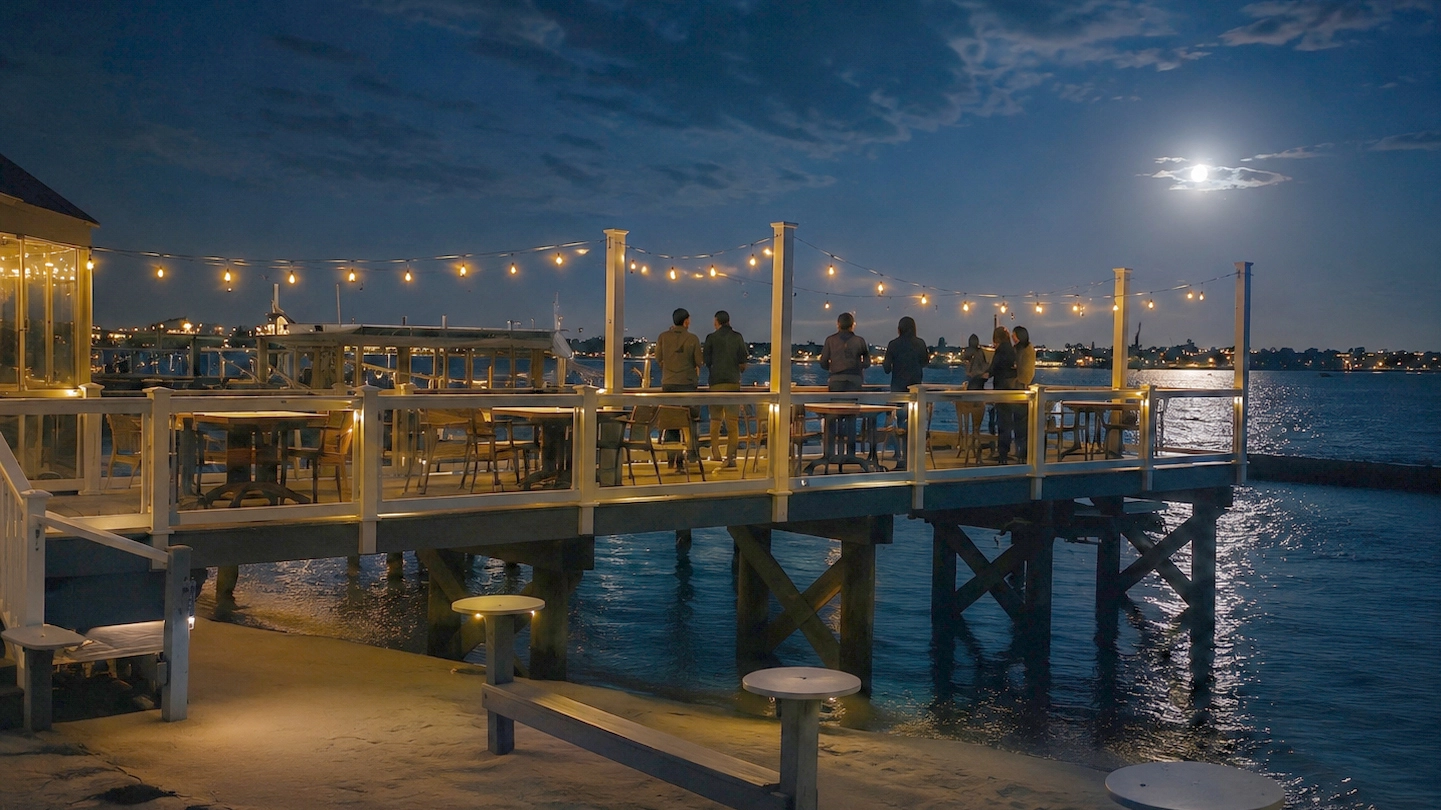 Moonlit dock and water at The Buoy Bar in Point Lookout after dark