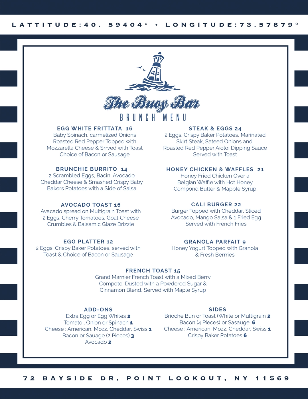 The Buoy Bar menu cover for seafood, cocktails, and waterfront dining in Point Lookout, NY